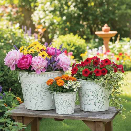 Pots en métal avec anses, cache-pots à décor en relief, blanc, vert, style shabby chic, H 20,5/18,5/16 cm, Ø 25,5/20,5/15,5 cm, lot de 3 | Floristik24.fr