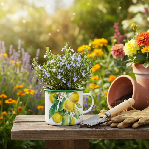 Article Pot de fleurs émaillé, pot décoratif avec branche de citronnier, style méditerranéen Ø9,5 cm H10 cm