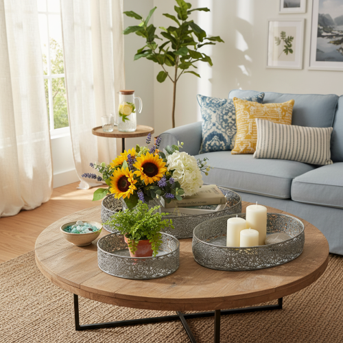 Article Bol décoratif ovale en métal gris, motif 25,5/29/34,5 cm, lot de 3