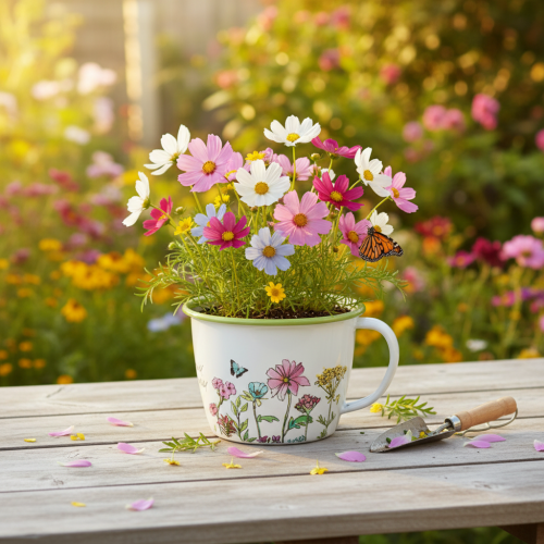 Article Coupe décorative, pot de fleurs émaillé, Ø11cm H8cm