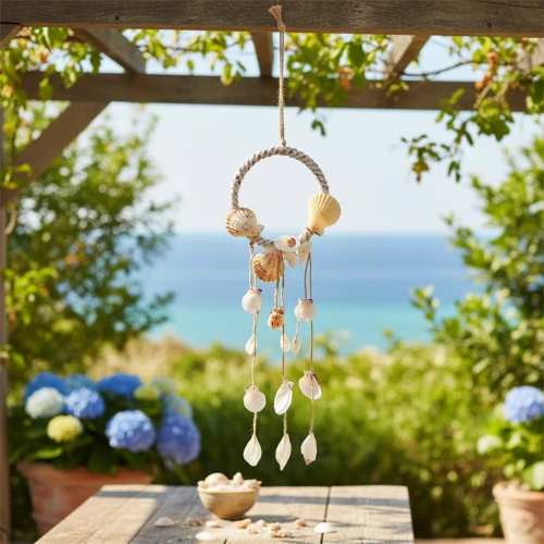 Décoration maritime suspendue avec coquillages et anneau en corde