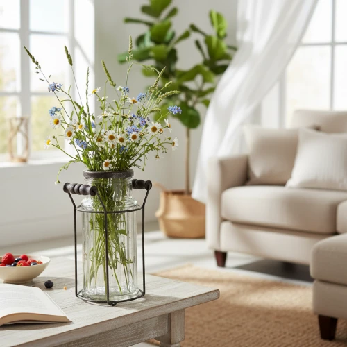 Vase en verre avec fleurs naturelles dans une ambiance claire et décorative