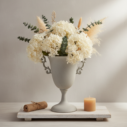 Article Trophée vintage en métal gris, trophée décoratif avec poignées, aspect antique, Ø 20,5 cm x H 26,5 cm, pour décoration de table et jardinière
