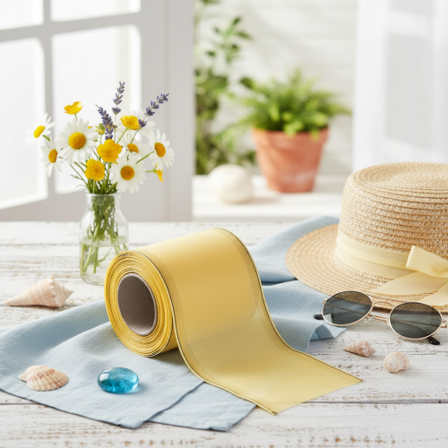 Ruban décoratif moiré jaune à bordure dorée, largeur 100 mm, longueur 25 m, pour la confection de couronnes, idéal pour l'art floral et la décoration. | Floristik24.fr