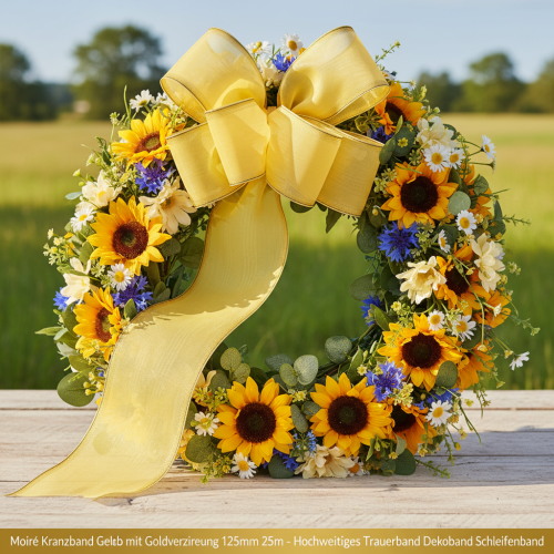 Ruban moiré pour couronne, jaune à bordure dorée, 125 mm x 25 m - Ruban de deuil de haute qualité, ruban décoratif, ruban pour nœud | Floristik24.fr