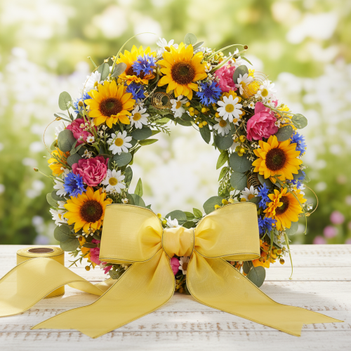 Ruban moiré pour couronne, jaune à bordure dorée, 125 mm x 25 m - Ruban de deuil de haute qualité, ruban décoratif, ruban pour nœud | Floristik24.fr