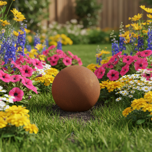 Article Sphère décorative couleur rouille pour jardin rustique, 14 cm, lot de 2