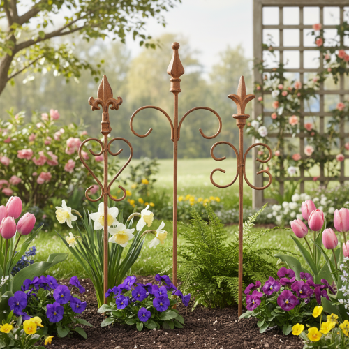 Article Piquet décoratif de jardin vintage, métal rouillé, assorti, 58 cm, lot de 3