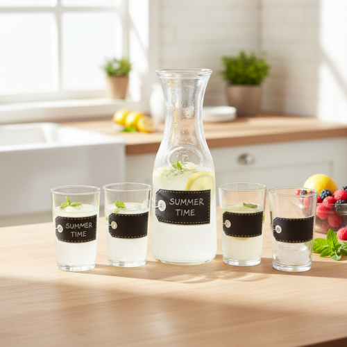 Carafe en verre 27 cm avec 4 verres 11 cm et étiquettes ardoise | Floristik24.fr