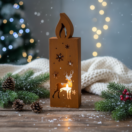 Porte-bougie chauffe-plat de Noël, bougeoir en métal rouillé, motif cerf, 45 x 14 cm | Floristik24.fr