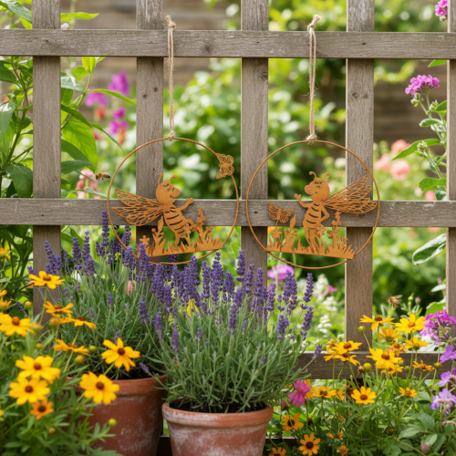 Abeille décorative en métal, finition rouille, décoration de jardin à suspendre, Ø14 cm, lot de 4 | Floristik24.fr