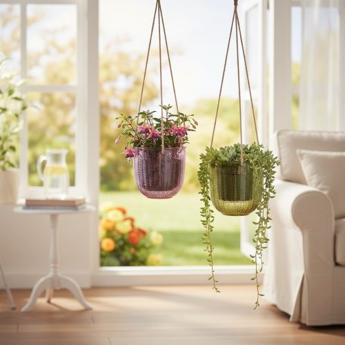 Pot de fleurs/lanterne suspendue en verre, violet/vert, 14 cm, lot de 2 | Floristik24.fr