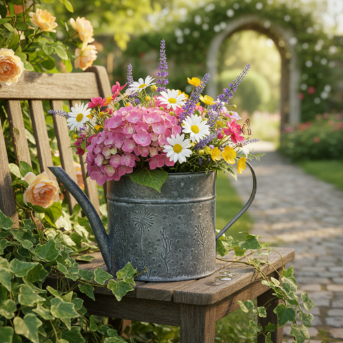Arrosoir décoratif vintage en métal, gris à fleurs, H 13 cm Ø 13 cm | Floristik24.fr
