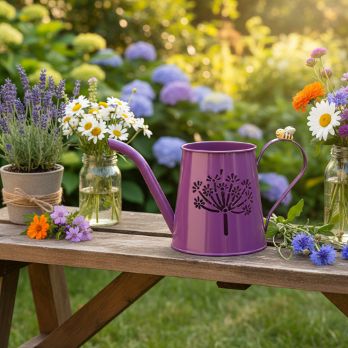 Arrosoir décoratif, métal violet, style bohème, motif pissenlit, 12 cm de haut, lot de 2 | Floristik24.fr