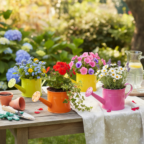 Arrosoir décoratif coloré, Ø 11 cm, H 9,5 cm, pour le jardinage, décoration de table printanière, en métal, lot de 8 | Floristik24.fr
