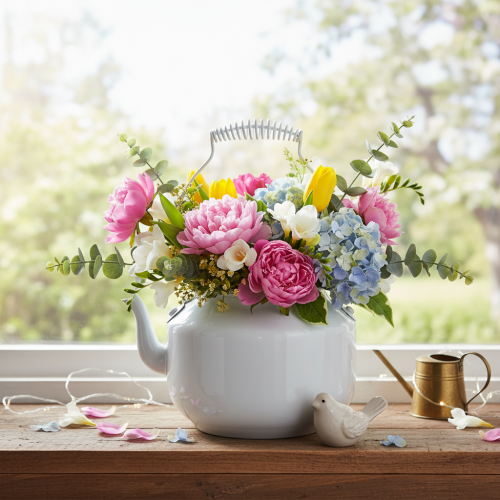 Théière décorative en métal au style vintage pour les compositions florales | Floristik24.fr