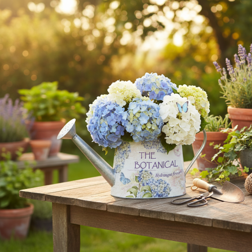 Arrosoir décoratif en métal, motif hortensia vintage, 30 x 11 x 14,5 cm | Floristik24.fr