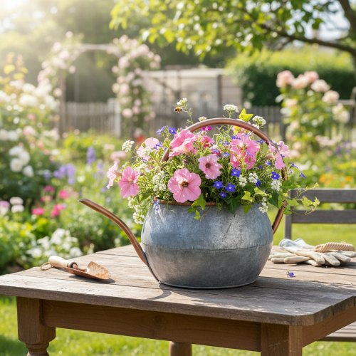Arrosoir décoratif en métal, style champêtre vintage, décoration de jardin, pour les plantations, cuivre argenté, L 41 cm Ø 26 cm H 30 cm | Floristik24.fr