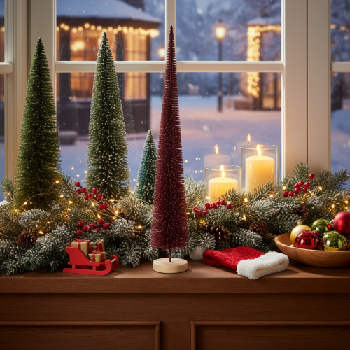 Décoration sapin fin rouge 60 cm sur socle en bois | Floristik24.fr