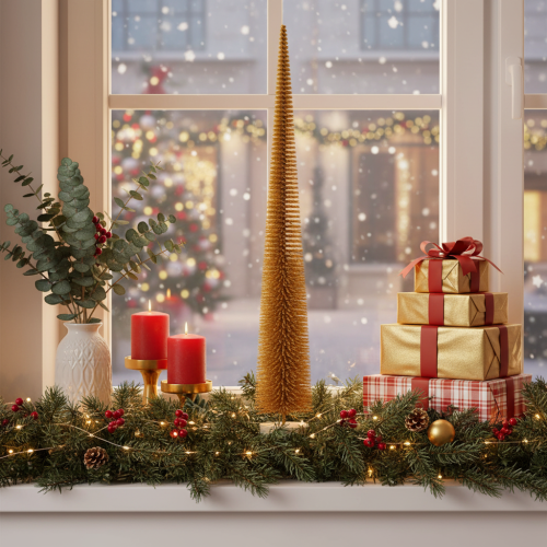 Sapin décoratif mince 80 cm en jaune moutarde et paillettes dorées | Floristik24.fr