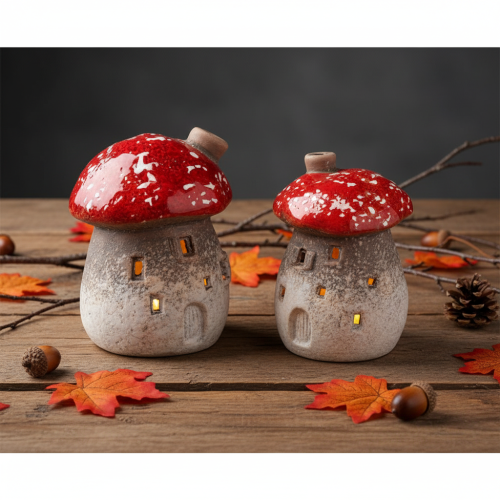 Figurines décoratives en forme de maison champignon en céramique, lot de 2, 10 cm | Floristik24.fr
