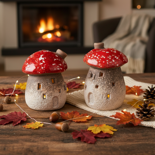 Figurines décoratives en forme de maison champignon en céramique, lot de 2, 10 cm | Floristik24.fr