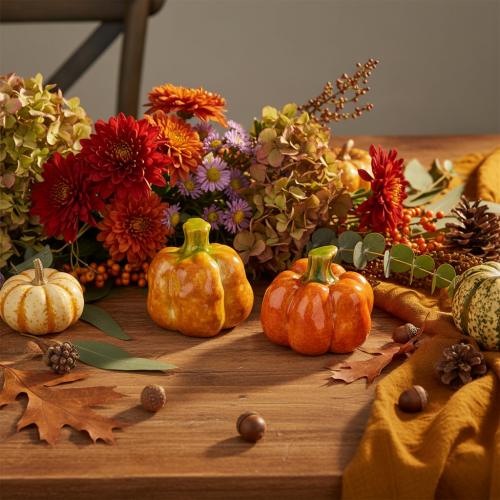 Set de 2 citrouilles décoratives en céramique 6 cm pour décoration d'automne | Floristik24.fr