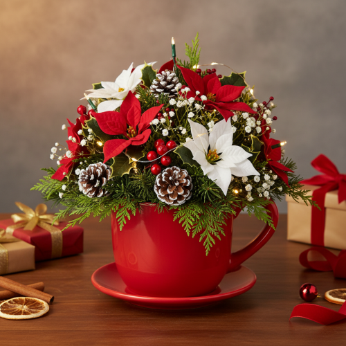 Tasse décorative rouge avec soucoupe intégrée en céramique 17 cm | Floristik24.fr