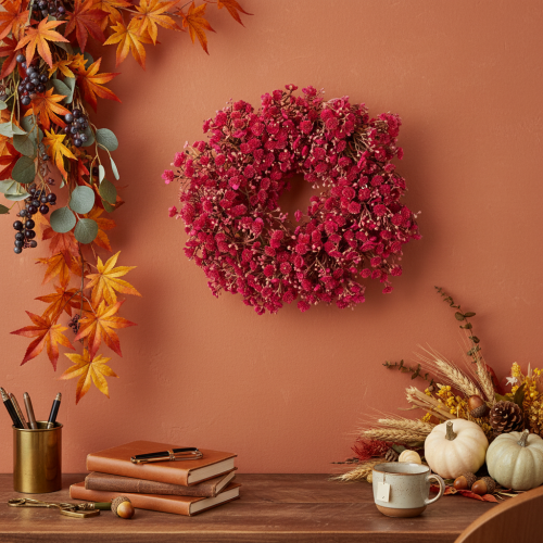 Couronne décorative en gypsophile artificielle rose-rouge 30 cm | Floristik24.fr