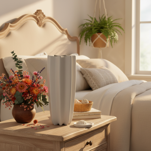 Article Vase en céramique nervurée moderne 38 cm taupe mat pour fleurs séchées