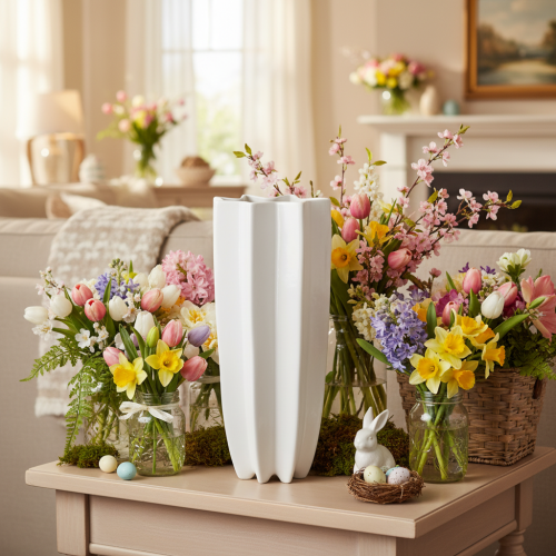 Vase Décorative en Céramique Blanche 38 cm avec Surface Striée | Floristik24.fr