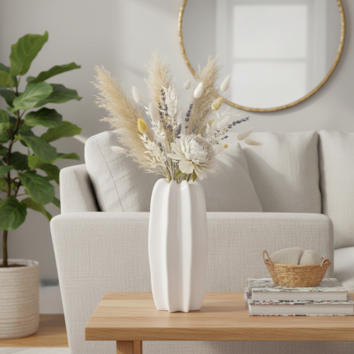 Vase en céramique blanche rainurée pour fleurs séchées 40 cm | Floristik24.fr