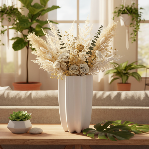 Vase en céramique blanche ondulée 24 cm pour fleurs séchées | Floristik24.fr