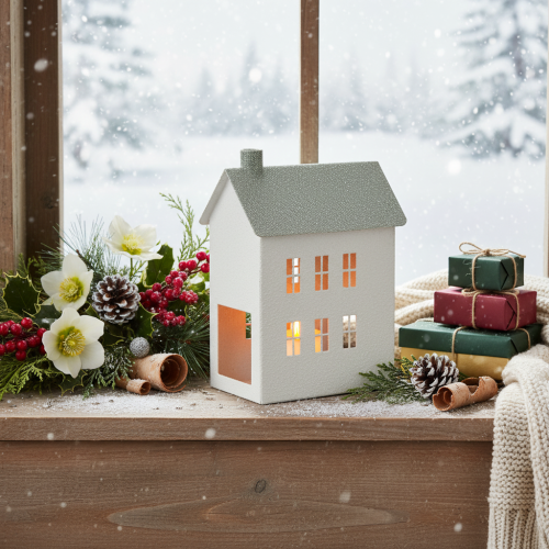 Article Maison décorative en métal avec fenêtres et cheminée 22 cm