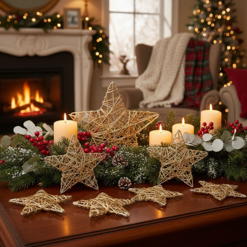 Décoration étoiles en fil métallique doré, set x12, 7 cm et 10 cm | Floristik24.fr
