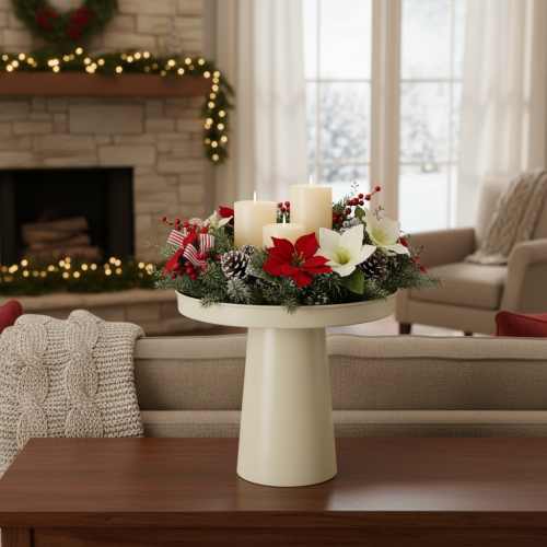 Plateau décoratif sur pied en métal beige-gris 20 cm pour bougies et figurines | Floristik24.fr