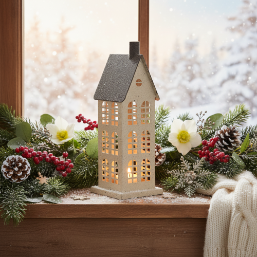 Article Maison décorative en métal avec fenêtres et cheminée 28 cm beige et gris