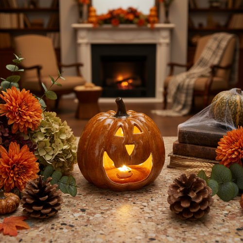 Citrouille décorative en céramique 15 cm avec éclairage LED pour Halloween | Floristik24.fr