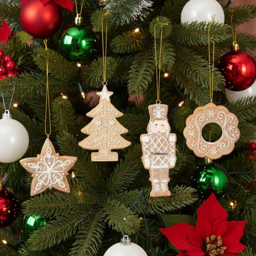 Décorations de Noël en plastique 6 cm, forme Lebkuchen, lot de 4 : étoile, sapin, casse-noisette, couronne | Floristik24.fr