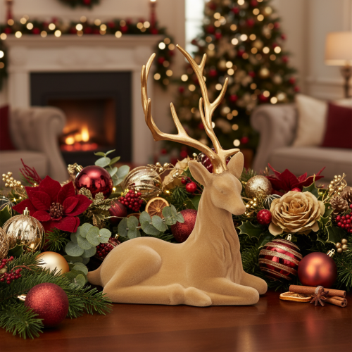 Article Figurine décorative cerf assis avec bois dorés 58 cm en matériau floqué marron clair