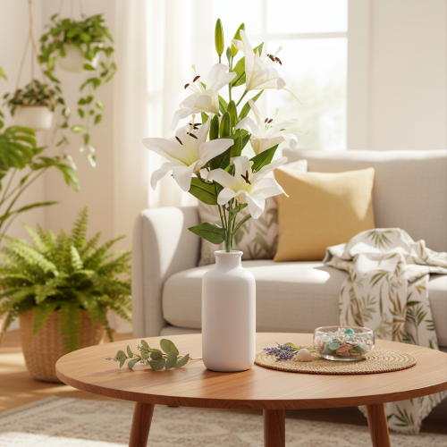 Lys artificiels avec 6 fleurs blanches, tige réaliste, 66 cm | Floristik24.fr