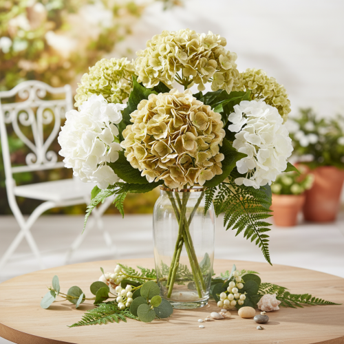 Hortensia artificielle avec tige longue et feuilles 60 cm crème-vert | Floristik24.fr