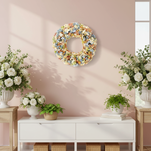 Article Couronne artificielle d'hortensias multicolore pour porte et mur 55 cm