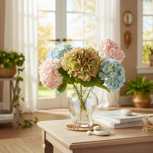Fleur décorative d'hortensia artificiel avec tige, 46 cm | Floristik24.fr