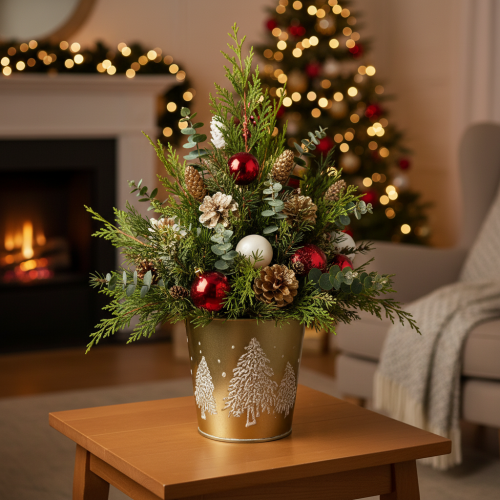 Seau décoratif en métal doré avec motif sapin Ø12cm H11,5cm | Floristik24.fr