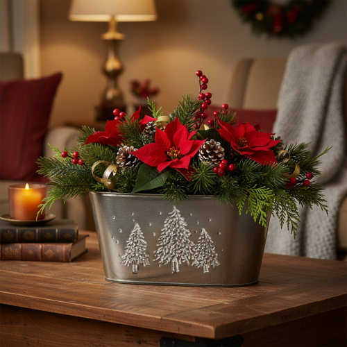 Cache-pot ovale en zinc avec motif sapins en relief 25 cm | Floristik24.fr