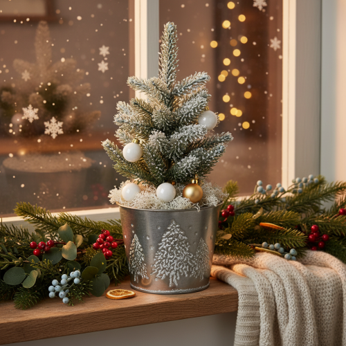 Cache-pot en métal avec motif sapins scintillants 13 cm | Floristik24.fr