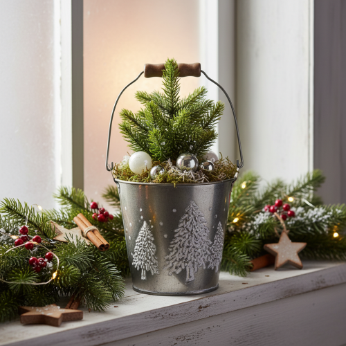 Seau décoratif en zinc avec sapins et poignée en bois 13cm | Floristik24.fr