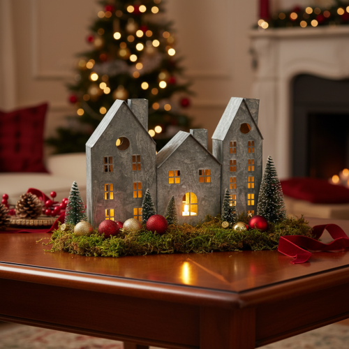 Décoration de Noël en métal, photophore, maisons en rangée, argenté, style Shabby Chic, 20 × 25,5 × 6 cm | Floristik24.fr