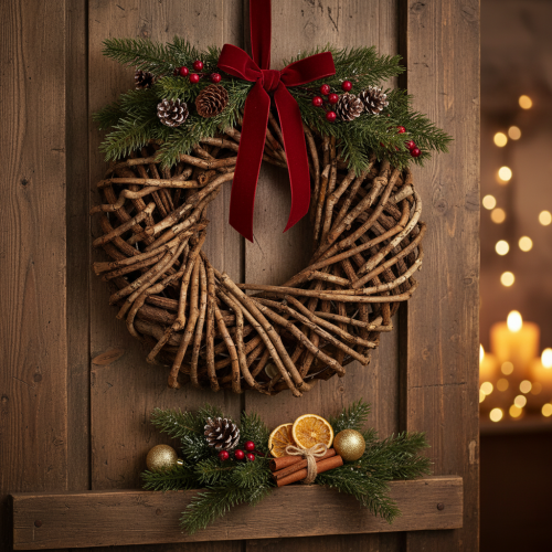 Couronne ronde 35 cm en branches naturelles et rotin pour décoration intérieure | Floristik24.fr